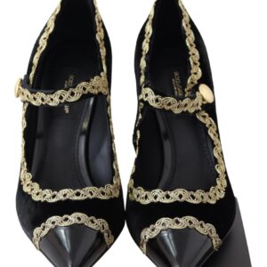 Black Velvet Gold Mary Janes Pumps