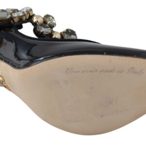 Black Leather Crystal Shoes Mary Jane Pumps