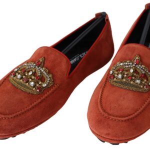Orange Leather Crystal Crown  Loafers Shoes
