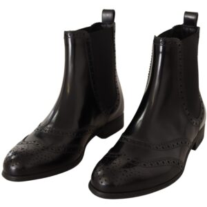 Black Leather Ankle High Flat Boots Shoes