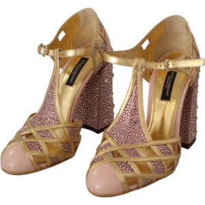 Pink Gold Leather Crystal Pumps T-strap Shoes