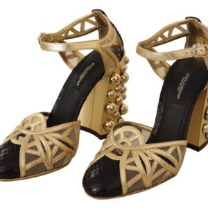 Black Gold Leather Studded Ankle Straps Shoes