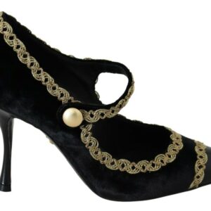 Black Embellished Velvet Mary Jane Pumps Shoes