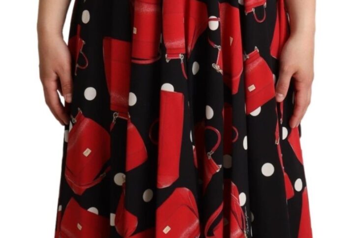 Black Red Bag Print A-line Mid Length Dress - Jag Couture London