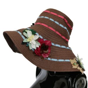 Brown Knitted Straw Floral Hat