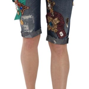 Blue Denim Mid Waist Crystal Capri Shorts