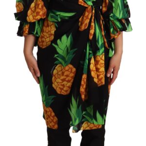 Black Ananas Print Wrap Stretch Silk Dress