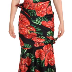 Black Shiny Silk Floral Print Draped Dress