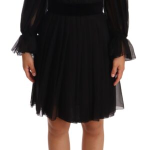 Black Mesh Pleated Mini Silk Stretch Dress