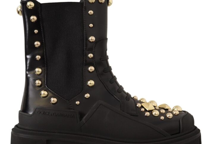 Black Leather Studded Combat Boots - Jag Couture London