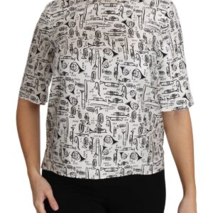 White Musical Instruments Print Blouse