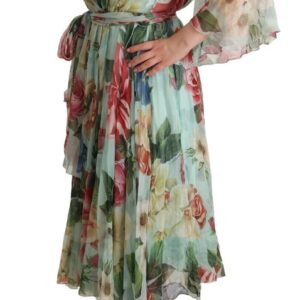 Green Floral Long Sleeves V-neck Midi Dress