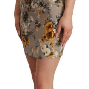 Gray Silk Stretch Floral Sheath Mini Dress