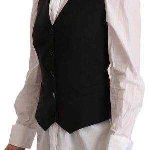 Black Button Down Sleeveless Vest Polyester Top