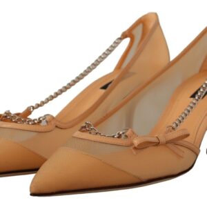 Peach Mesh Leather Chains Heels Pumps Shoes