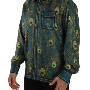 Peacock Feather Print Silk Pajama Mens Shirt