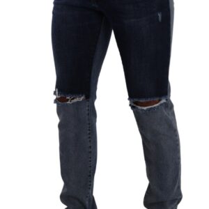 Blue Two Tone Tattered Cotton Slim Denim Jeans