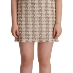 Beige Checkered Sleeveless Mini Shift Dress
