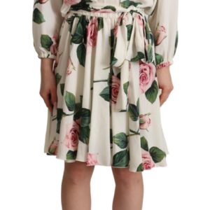 White Rose Print Long Sleeves A-line Dress