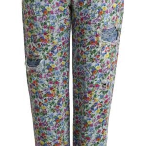 Blue Floral Print High Waist Denim Tapered Jeans