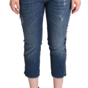 Blue Washed Mid Waist Denim Logo Cropped Jeans