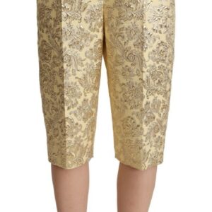 Beige Floral Brocade High Waist Trouser Cropped Pants
