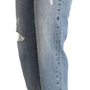 Blue Tattered Cotton Denim Capri Cropped Jeans