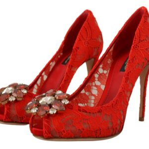 Red Taormina Lace Crystal Heels Pumps