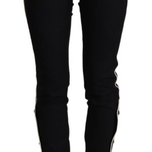 Black Mid Waist Button Embellished Slim Fit Pants