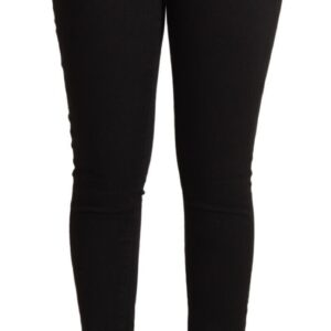 Black Cotton Mid Waist Denim Slim Fit Jeans