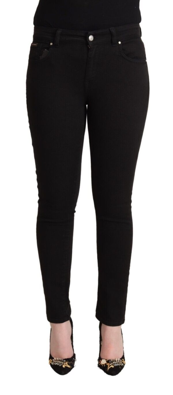 Black Cotton Mid Waist Denim Slim Fit Jeans