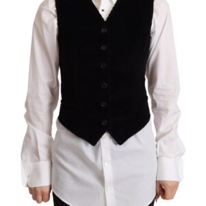 Black V-neck Leopard Corduroy Button Vest Top