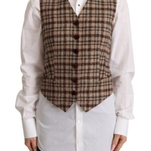 Brown Checkered Leopard V-neck Sleeveless Vest Top