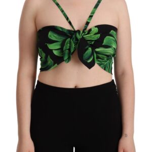 Black Green Leaf Silk Halter Cropped Top