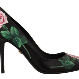 Black Leather Roses High Heels Pumps Shoes