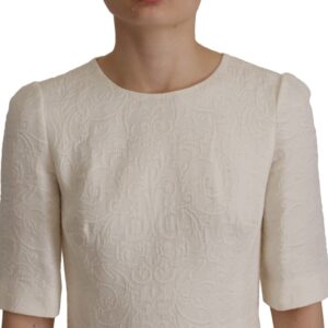 White Jaquard Midi Floral Sheath Brocade Dress