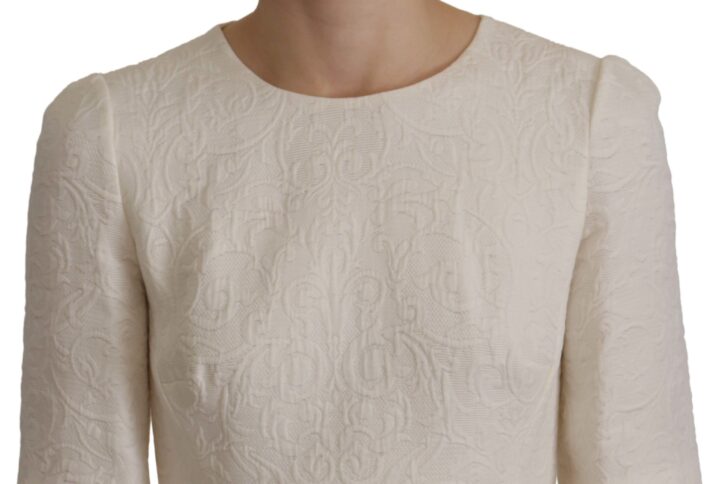 White Jaquard Midi Floral Sheath Brocade Dress | Jag Couture London – New York