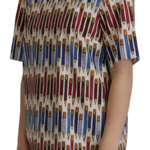 White Pencil Print Cotton T-shirt Blouse