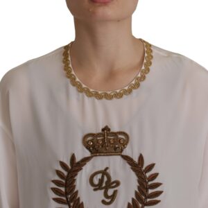 White Silk Gold DG Crown Crystal Blouse Top
