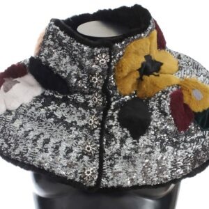 Silver Sequined Floral Weasel Fur Shoulder Scarf Wrap