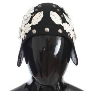 Black Wool White Floral Gold Leaf Hat