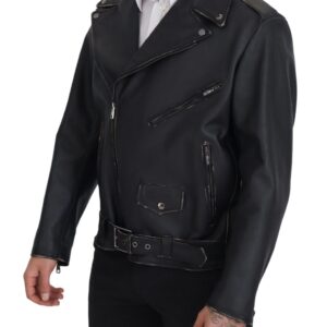 Black Leather Biker Coat Zipper Jacket