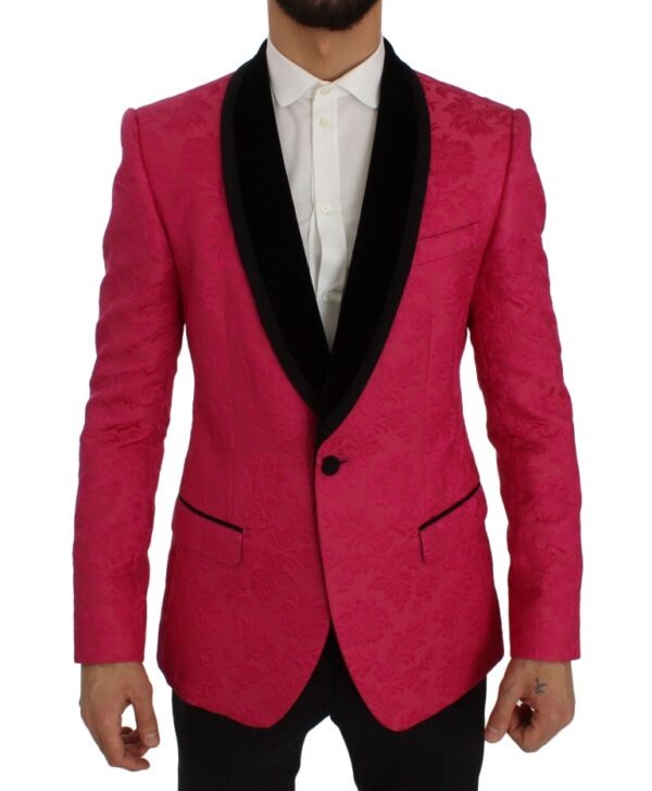 Pink Floral Brocade Slim Blazer Jacket