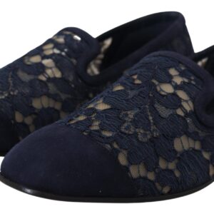 Blue Floral Lace Slip Ons Loafers Flats Shoes