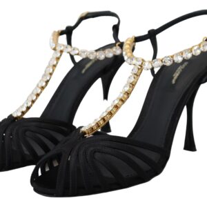 Black Satin Clear Crystal T-strap Sandal Shoes