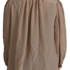 Brown Waistband Sleeves Ascot Collar Top Blouse