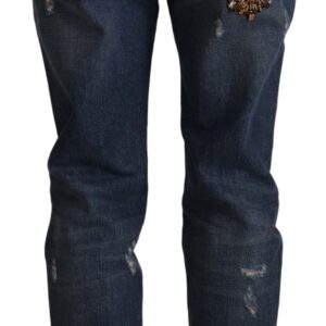 Blue Denim Baroque Heart Logo Patch Pants Jeans