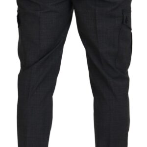 Gray Checked Cargo Trousers Stretch Pants
