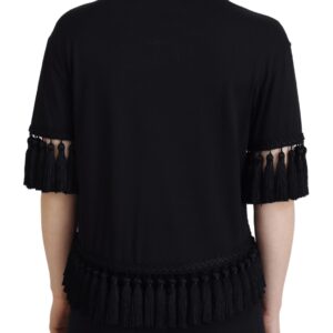Black T-shirt Blouse Tassle Cotton Blouse