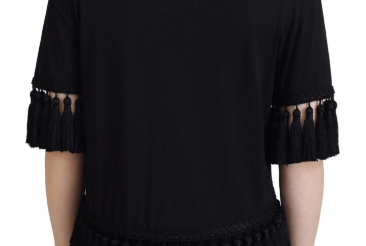 Black T-shirt Blouse Tassle Cotton Blouse | Jag Couture London – New York